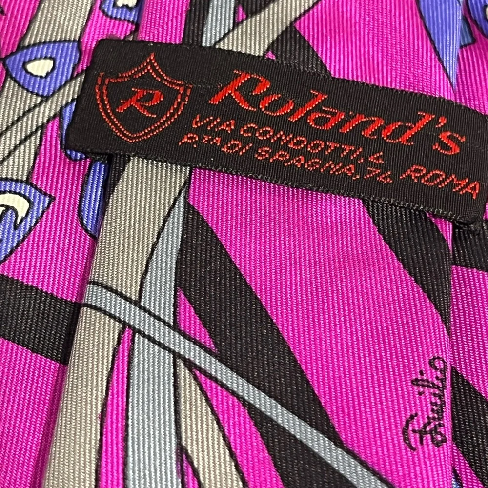 Emilio Pucci Floral Mens Tie Roland’s Silk Blue Pink Black Purple Vintage Italy